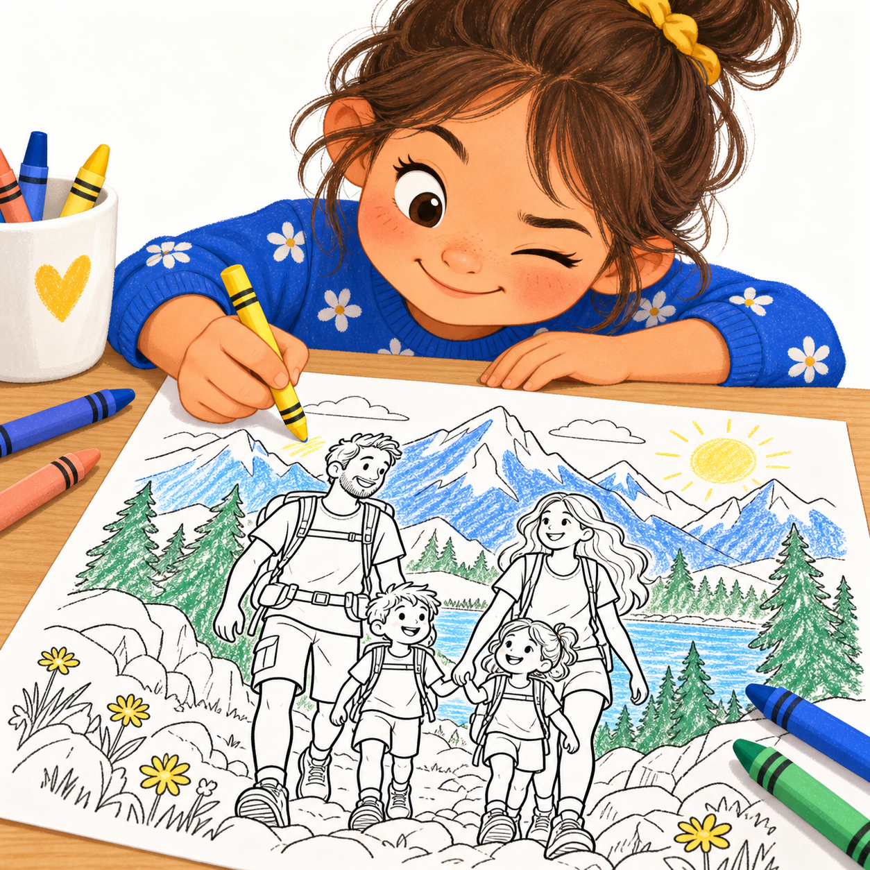 Playful illustration of a child coloring a family scene